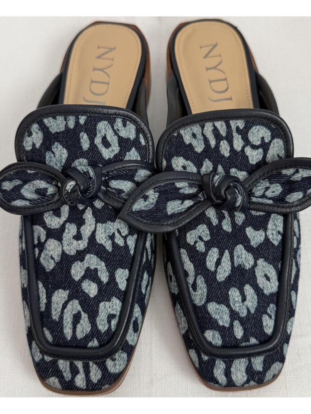 NYDJ 6.5 Shoes Womens Navy Blue Denium Leopard Mules Slip-On Dress Flats Loafers